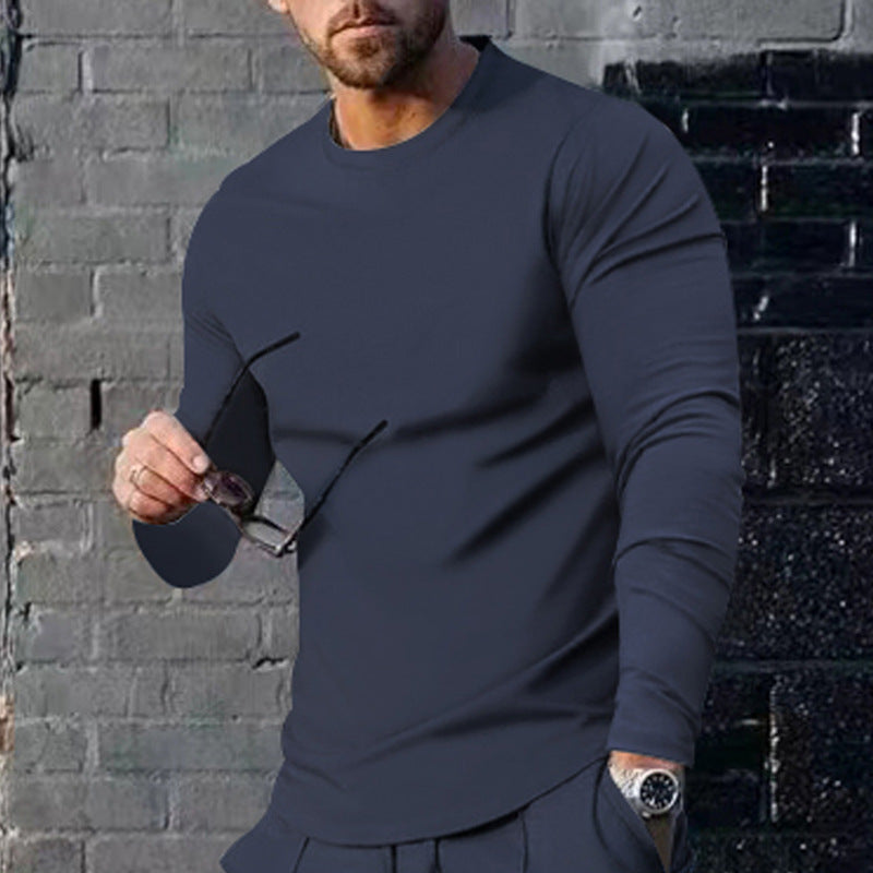 Herren nan schmal geschnittenes Langarmshirt mit Rundhalsausschnitt elastischem Baumwollstretch und verlängertem Saum