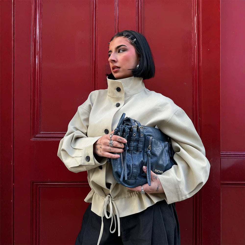 Damen Kurzgeschnittener Oversize-Canvas-Blouson mit Stehkragen Nord Taschen