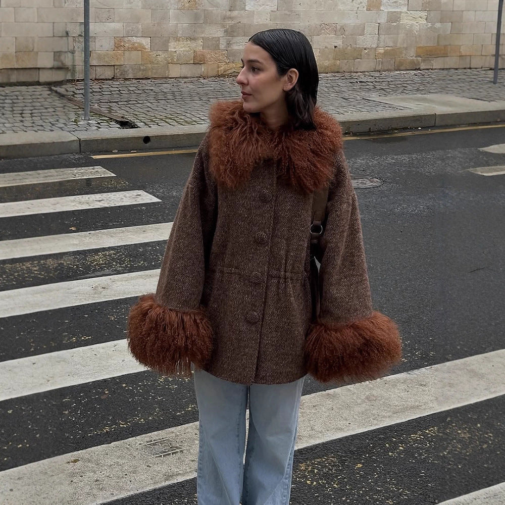 Damen Oversize Wollmix-Marka Mantel mit voluminösem Lammfellimitatkragen und extra weitem Ärmelabschluss Nord Taschen