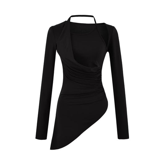 Damen Figurbetontes Langarm-Midikleid mit asymmetrischem Saum, Raffung und Neckholder Nord Taschen