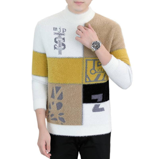 Herren Gemusterter Rollkragenpullover aus flauschigem Bouclé‑Mix mit Patch‑Intarsien Nord Taschen
