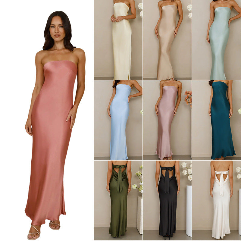 Damen Elegantes schulterfreies Maxikleid aus satinähnlichem Material Nord Taschen