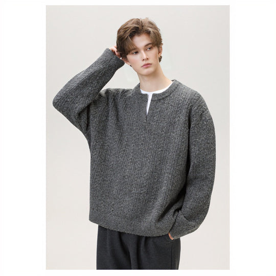 Damen Grobgestrickter Zopfmuster-Pullover mit V‑Ausschnitt und Lagen‑Optik Nord Taschen