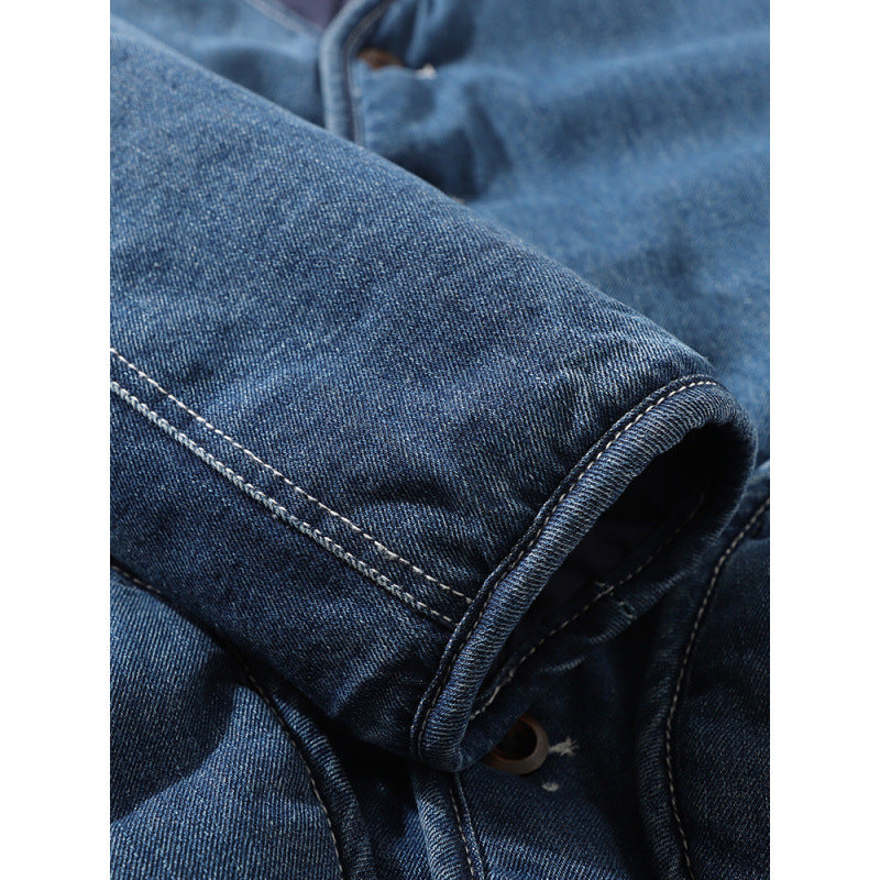Herren Gefütterte Denim-Utility-Jacke ohne Kragen mit Knopfverschluss und runden Pattentaschen Nord Taschen