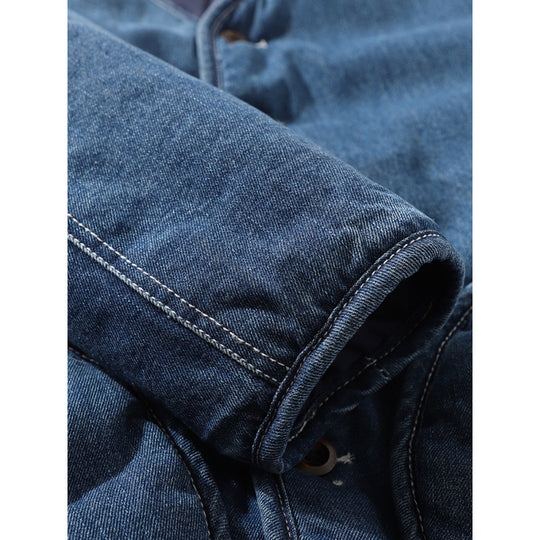 Herren Gefütterte Denim-Utility-Jacke ohne Kragen mit Knopfverschluss und runden Pattentaschen Nord Taschen