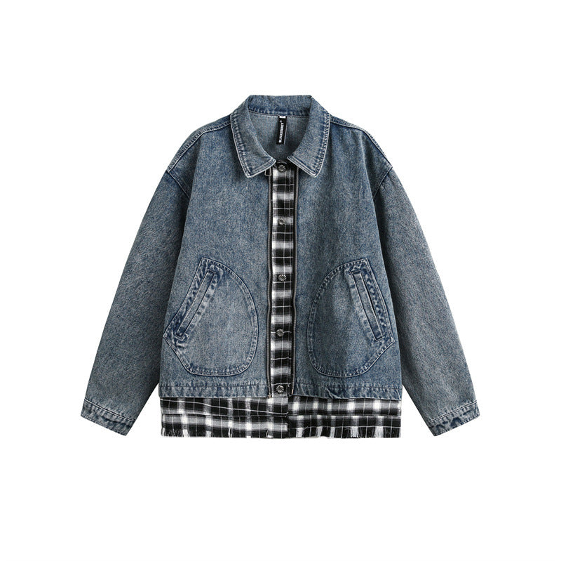 Unisex Kastig geschnittener Denim-Blouson im Lagenlook mit karierter Innenlage Nord Taschen