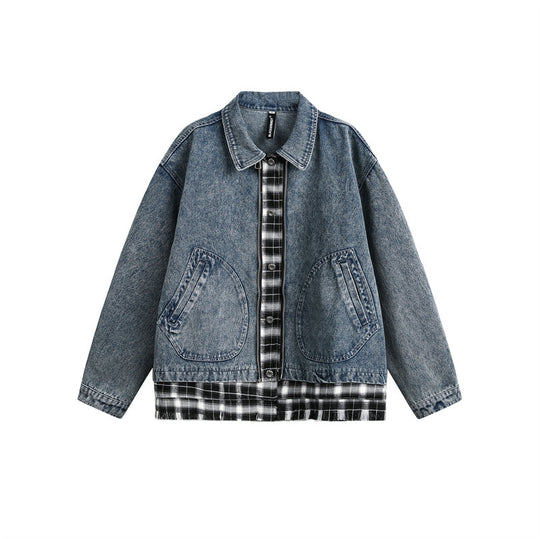 Unisex Kastig geschnittener Denim-Blouson im Lagenlook mit karierter Innenlage Nord Taschen