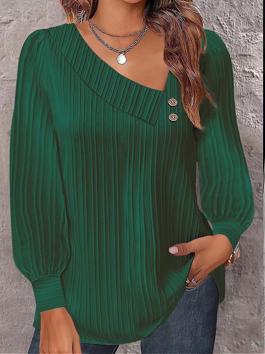 Damen Plissee-Bluse mit asymmetrischem Ausschnitt und Knopf-Details