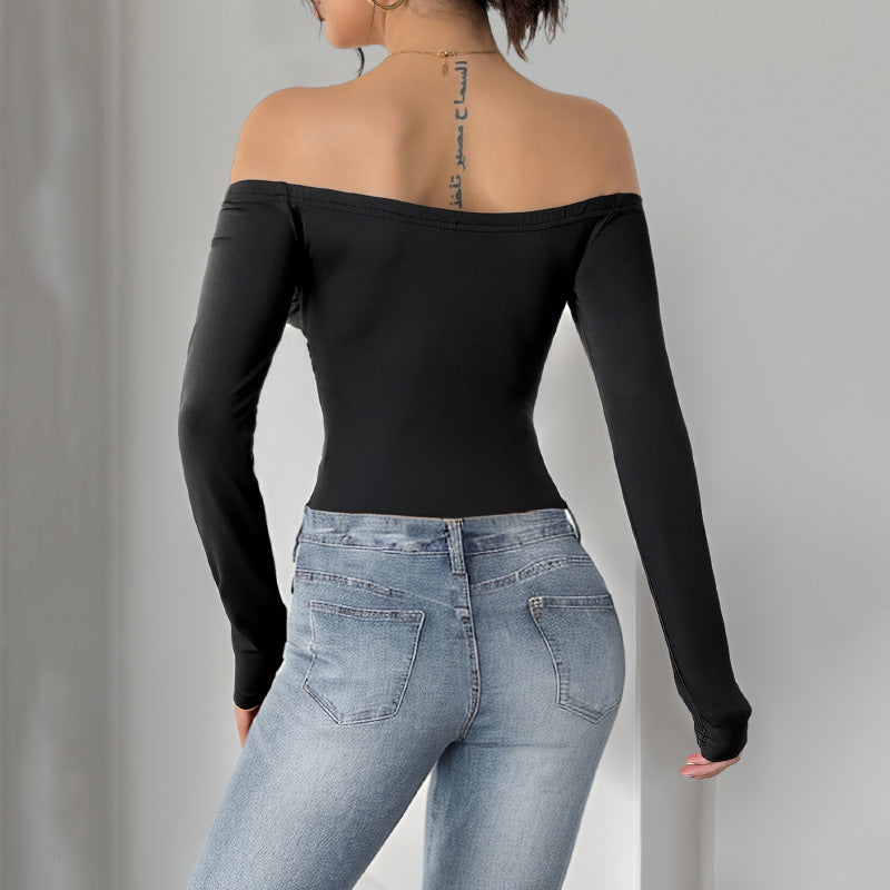 Damen Schulterfreies Longsleeve mit Rosenapplikation und taillierter Raffung Nord Taschen