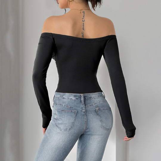Damen Schulterfreies Longsleeve mit Rosenapplikation und taillierter Raffung Nord Taschen