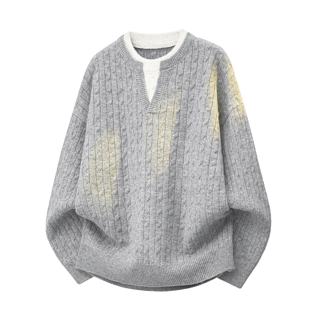 Damen Oversize Zopfstrick-Pullover mit V‑Ausschnitt und Lagenkragen Nord Taschen