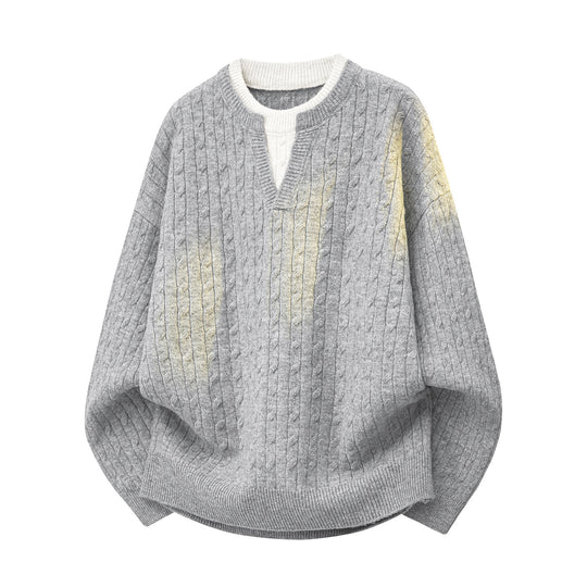 Damen Oversize Zopfstrick-Pullover mit V‑Ausschnitt und Lagenkragen Nord Taschen