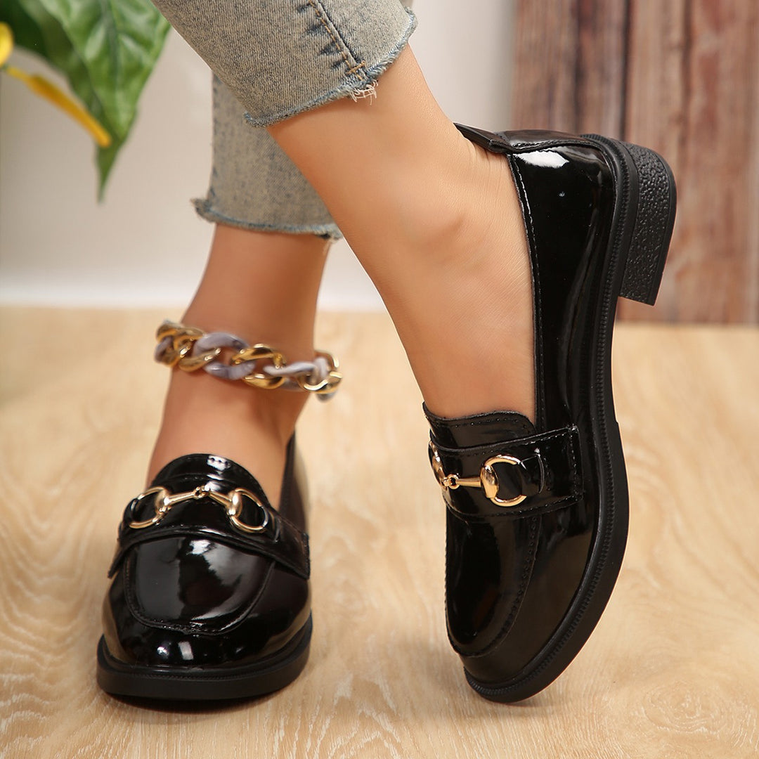 Damen Lackleder-Plateau-Loafer mit goldener Horsebit-Detail und niedrigem Blockabsatz Nord Taschen