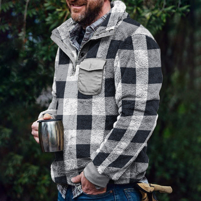 Herren Fleece-Pullover mit Karomuster und Hohem Kragen Avellé
