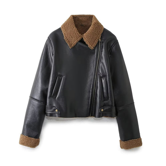 Damen Kurz geschnittene Aviator-Jacke in Lederoptik mit asymmetrischem Reißverschluss und Teddyfutter Nord Taschen