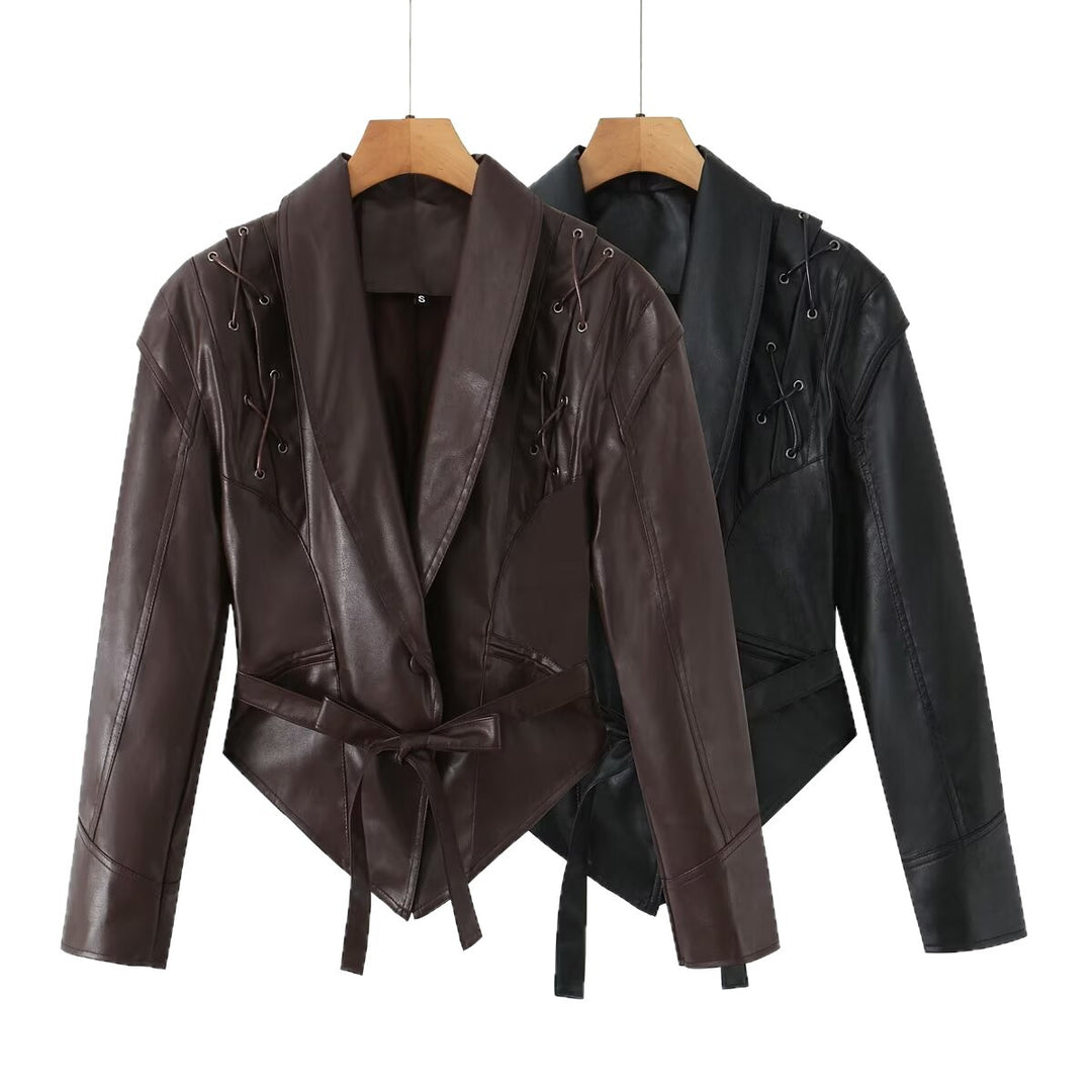 Damen taillierter Kunstlederblazer mit Schnürdetails an den Schultern und Bindegürtel Nord Taschen