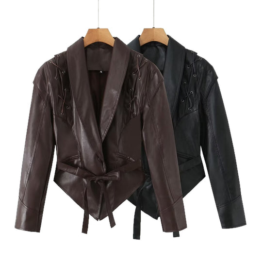 Damen taillierter Kunstlederblazer mit Schnürdetails an den Schultern und Bindegürtel Nord Taschen