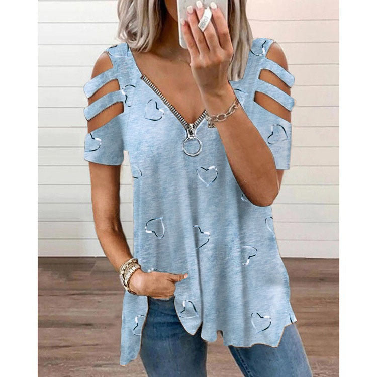 Damen V-Ausschnitt T-Shirt mit Cut-Outs und Herzdesign