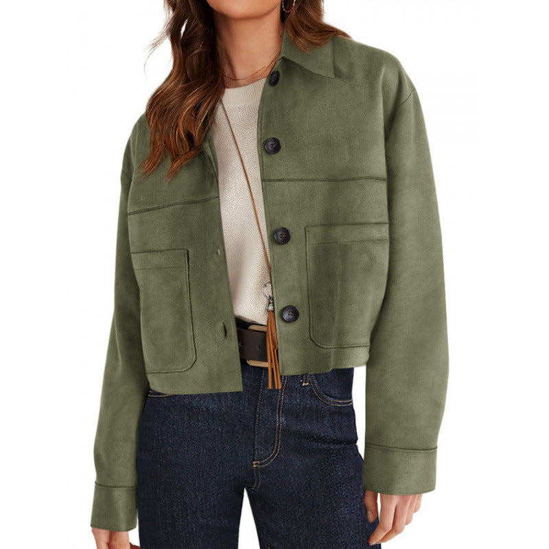 Damen kurze Wildleder-Optik Jacke mit aufgesetzten Taschen und Hemdkragen Nord Taschen