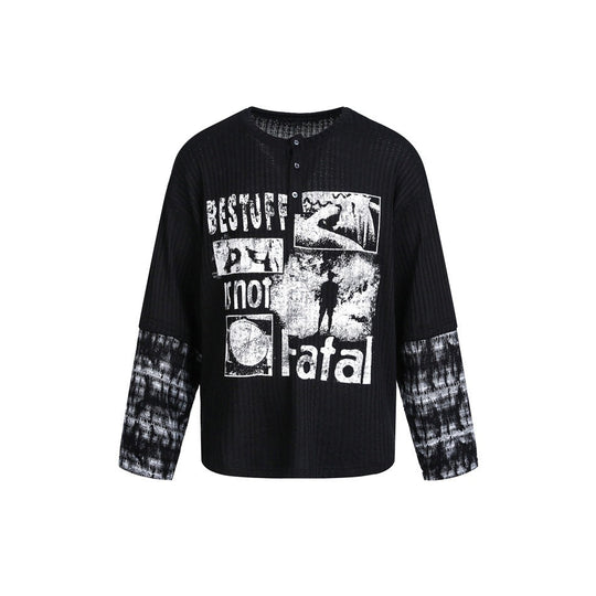 Herren Langarm-Rippstrick-Shirt mit Henley-Knopfleiste und kontrastierendem Grafikprint Nord Taschen