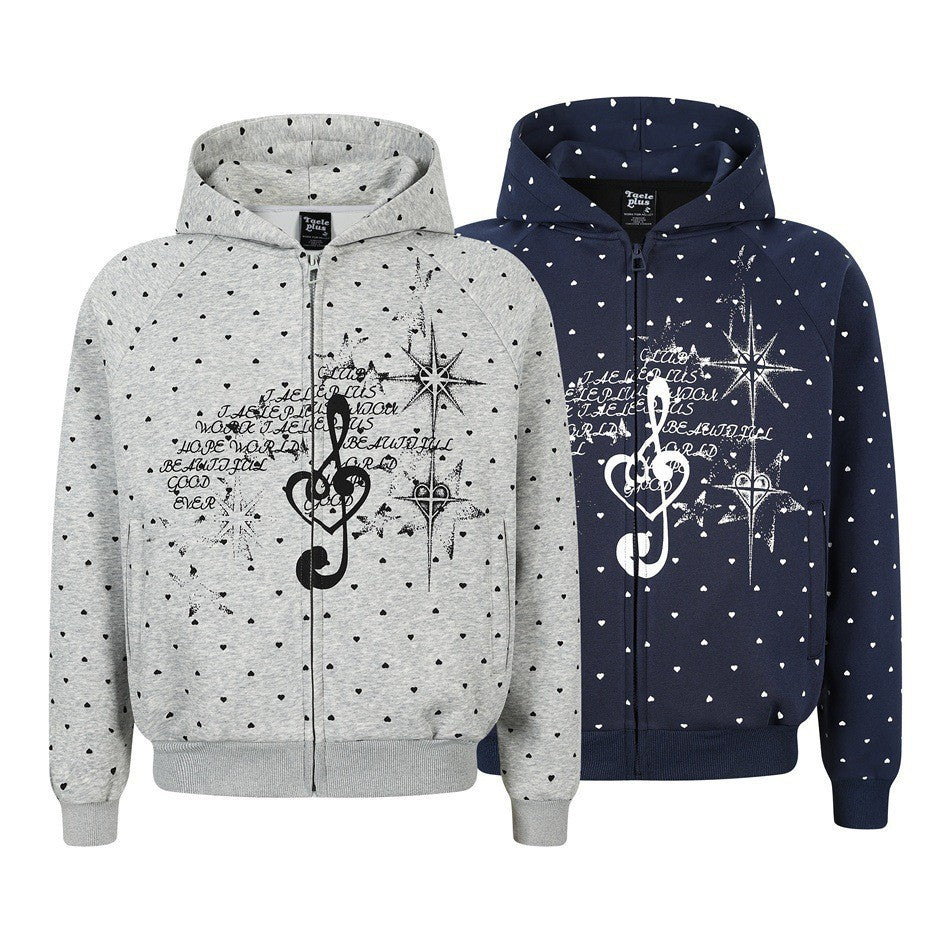 Damen Zip‑Hoodie im Herz-Allover mit Notenschlüssel‑Print und Kängurutaschen Nord Taschen