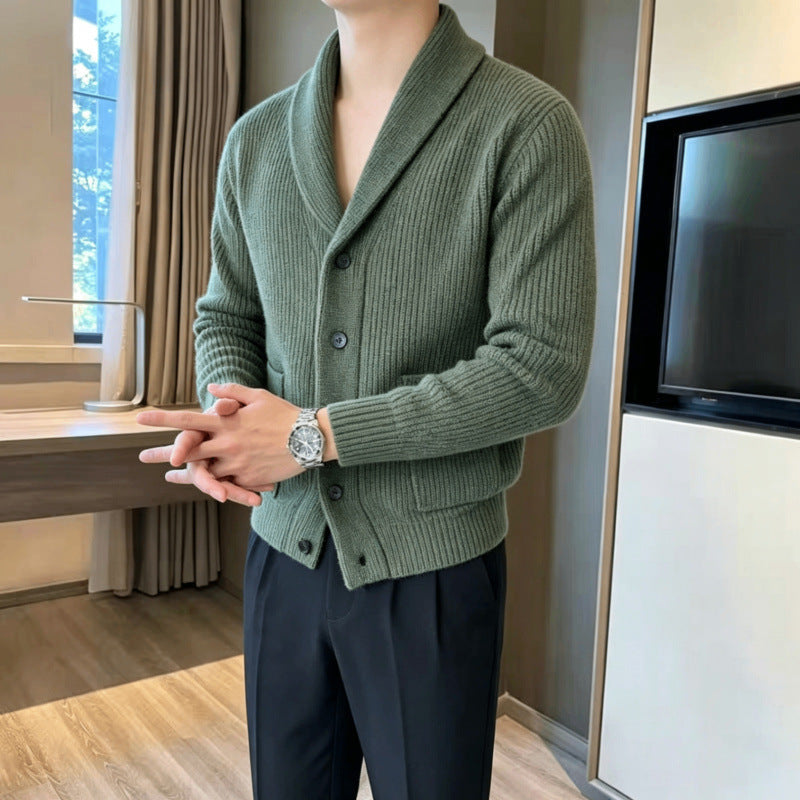 Herren Schalkragen-Strickcardigan mit Rippenstruktur, Knopfleiste und aufgesetzten Taschen Nord Taschen