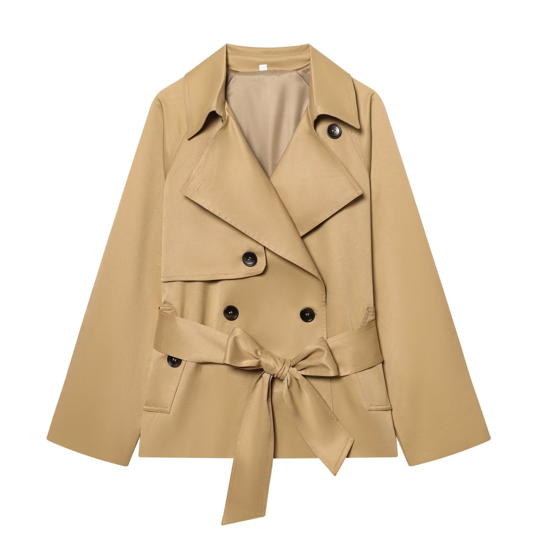 Damen Gekürzte Taillengürtel-Trenchjacke mit breitem Revers und Pattentaschen Nord Taschen