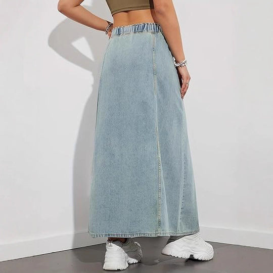 Damen Langer A-Linien Jeansrock mit elastischem Bund und Kordel Nord Taschen