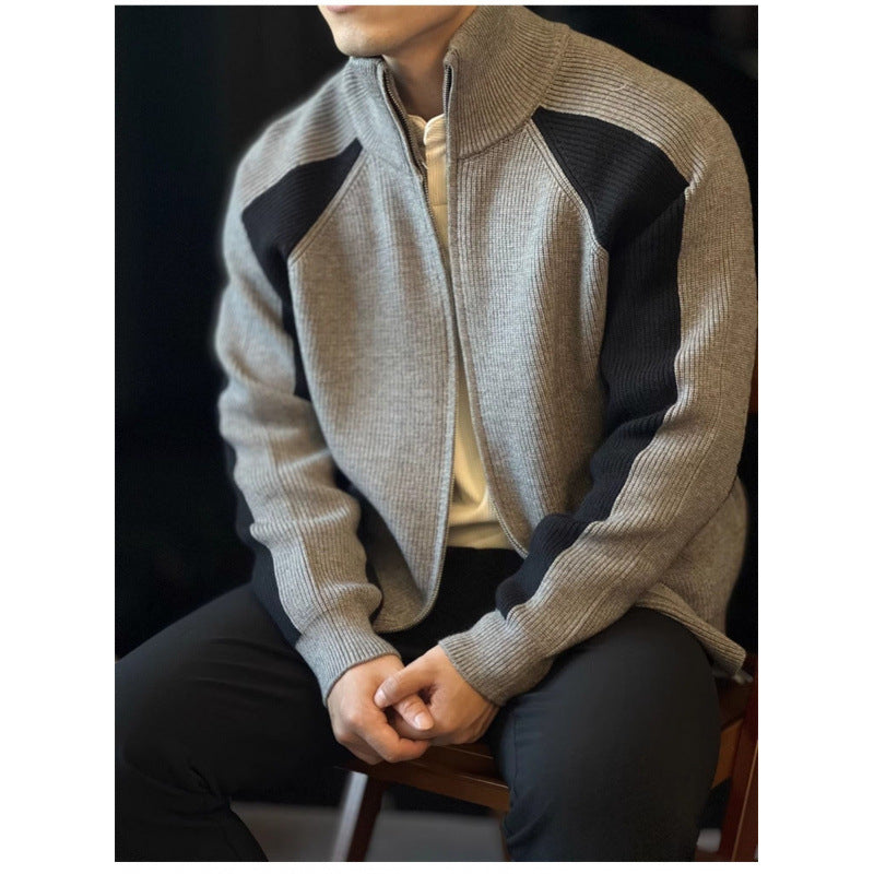 Herren Strick-Zipjacke mit Kontrastpanele, Stehkragen und markanter Rippenstruktur Nord Taschen