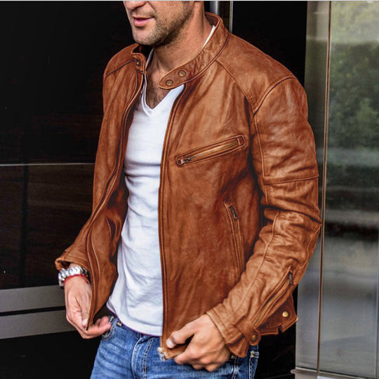 Herren Biker-Lederjacke aus gewaschenem Vollleder mit Stehkragen Nord Taschen