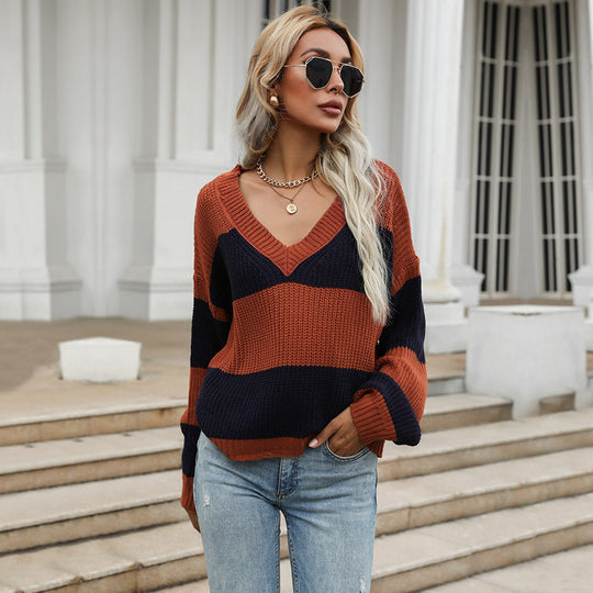 Damen Gestreifter Oversize V‑Ausschnitt Pullover im Grobstrick Nord Taschen