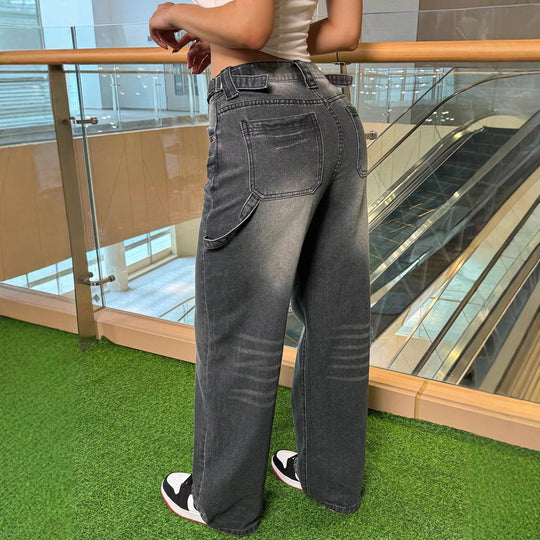 Damen Hochtaillierte lässige Wide-Leg Denimhose mit Vintage-Waschung und extra Länge Nord Taschen