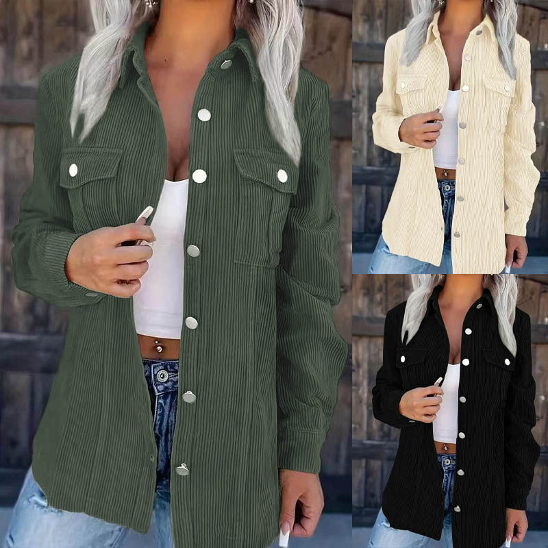 Damen Cord-Hemdjacke im Shacket-Stil mit Druckknopf-Leiste und Brusttaschen Nord Taschen