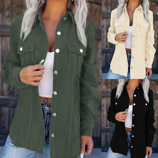 Damen Cord-Hemdjacke im Shacket-Stil mit Druckknopf-Leiste und Brusttaschen Nord Taschen