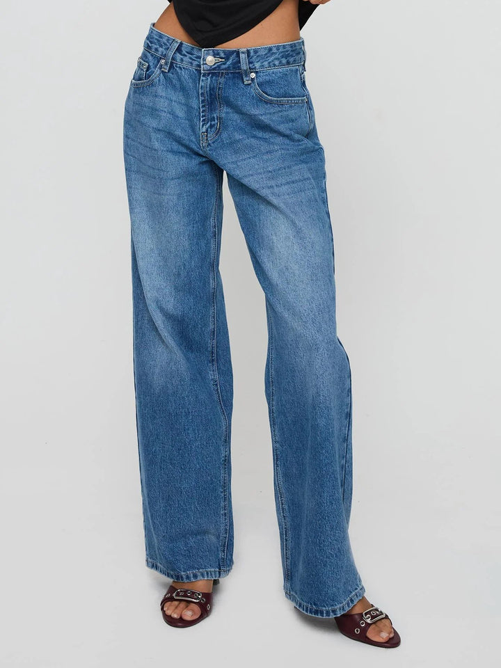 Damen weite Jeans mit hoher Taille, geradem Bein und entspanntem Sitz Nord Taschen