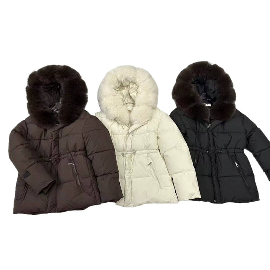Damen nan kurze wattierte Steppjacke mit Kordelzugtaillierung und voluminösem Fellkragen Nord Taschen