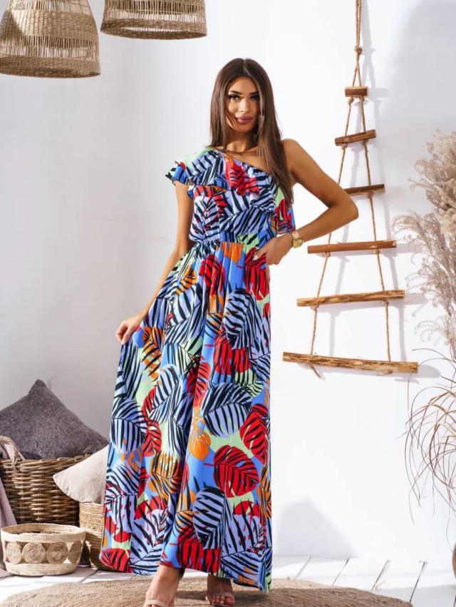 Damen Maxikleid mit asymmetrischem Träger und raffinierter Rüsche