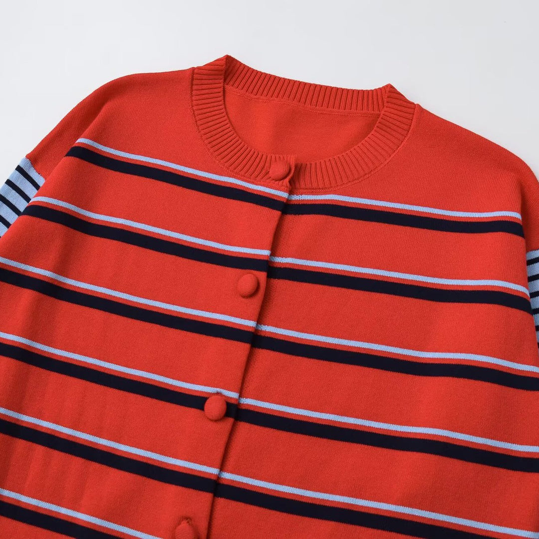 Damen gestreifte Baumwollmix-Strickjacke mit Kontrastärmeln und durchgehender Knopfleiste Nord Taschen