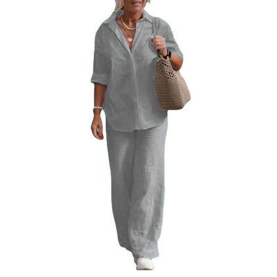 Damen Leichtes Leinen-Optik Zweiteiler mit Oversize-Hemd und weiter Palazzohose Nord Taschen