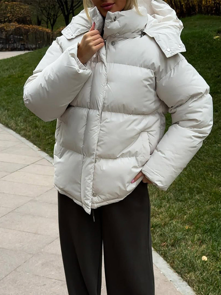 Damen Kurze winddichte Stepp‑Pufferjacke mit abnehmbarer Kapuze und hohem Stehkragen Nord Taschen