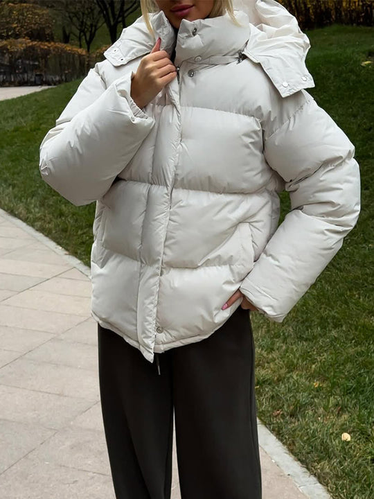 Damen Kurze winddichte Stepp‑Pufferjacke mit abnehmbarer Kapuze und hohem Stehkragen Nord Taschen