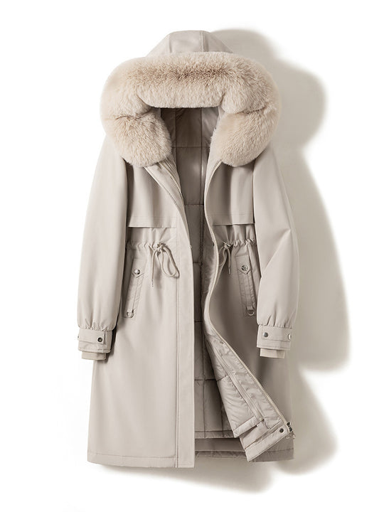Damen nan langer wasserabweisender Parka mit voluminöser Kunstfellkapuze, taillierbarem Tunnelzug und gesteppter Thermo-Innenjacke Nord Taschen
