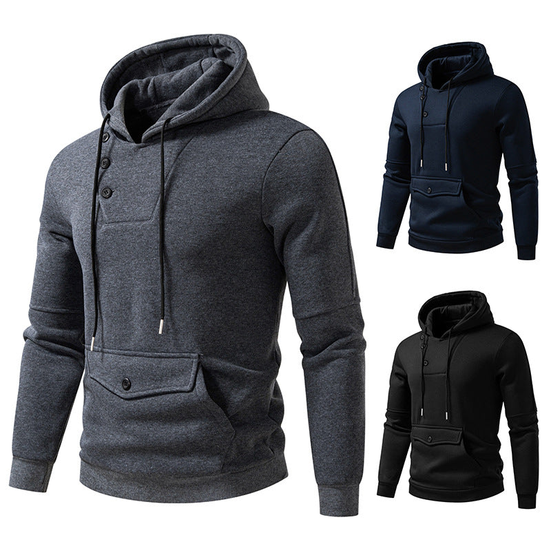 Herren Oversize Baumwoll-Fleece Kapuzenpullover mit asymmetrischer Knopfleiste und aufgesetzter Kängurutasche Nord Taschen