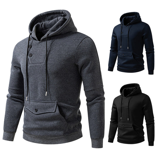 Herren Oversize Baumwoll-Fleece Kapuzenpullover mit asymmetrischer Knopfleiste und aufgesetzter Kängurutasche Nord Taschen