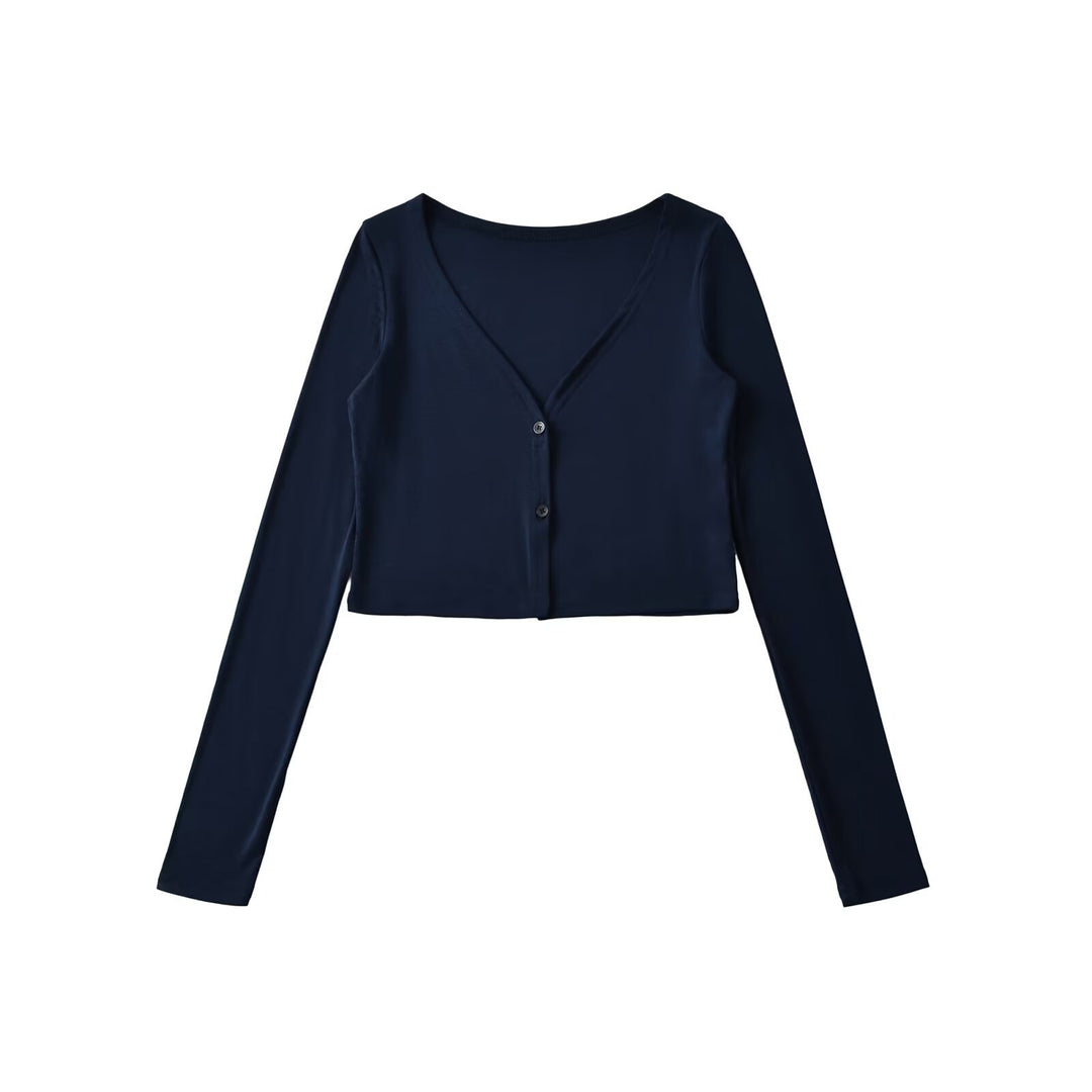 Damen Cropped Jersey-Cardigan mit tiefem V-Ausschnitt und schmaler Knopfleiste Nord Taschen