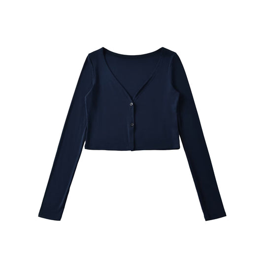 Damen Cropped Jersey-Cardigan mit tiefem V-Ausschnitt und schmaler Knopfleiste Nord Taschen