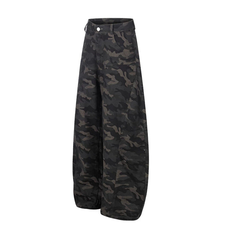 Damen Weite Camouflage-Palazzo-Hose mit hohem Bund, Gürtelschlaufen und ballonförmigem Bein Nord Taschen