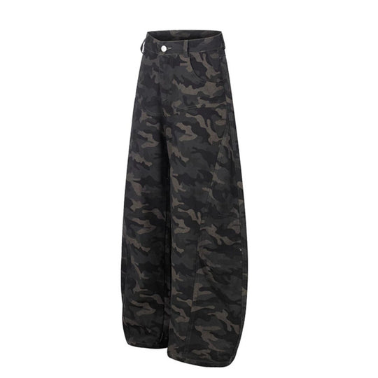 Damen Weite Camouflage-Palazzo-Hose mit hohem Bund, Gürtelschlaufen und ballonförmigem Bein Nord Taschen