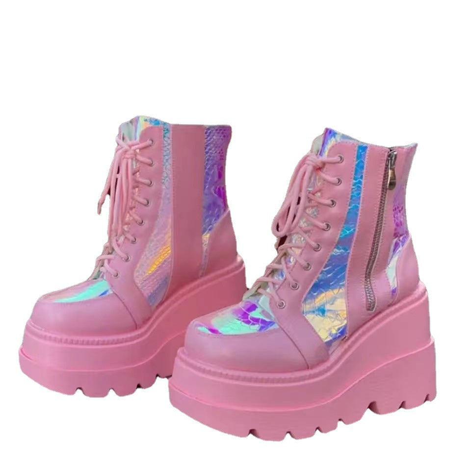 Damen Hochformatige Plateau-Schnürstiefel mit Kunstleder und reflektierenden Akzenten