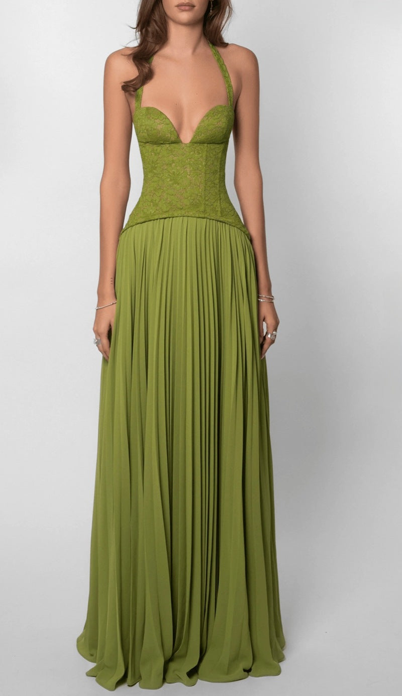 Damen nan Neckholder-Korsettkleid mit Spitzen-Corsage und fließendem Plisseerock